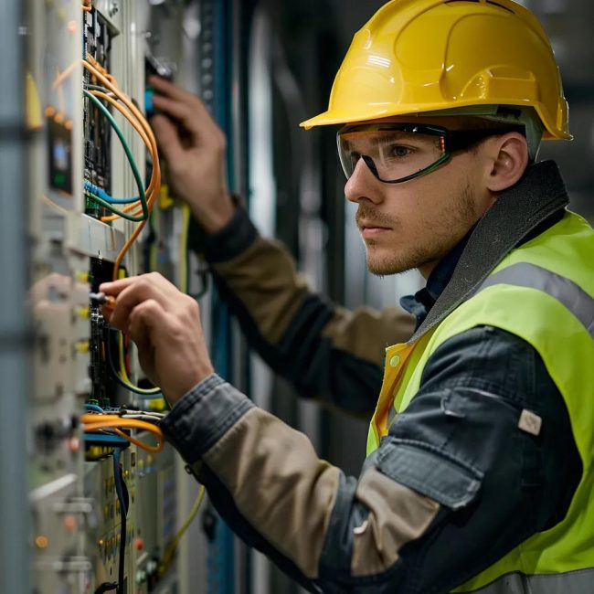 Electrician inspecting electrical panels in a commercial setting, highlighting emergency electrical services