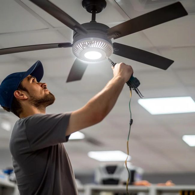 Electrician installing a ceiling fan in a modern office, highlighting same-day installation services
