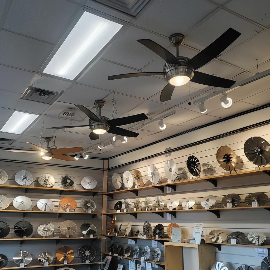 Display of various types of commercial ceiling fans in a showroom, showcasing their features