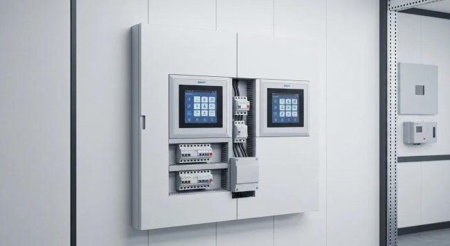 Modern commercial electrical panel showcasing advanced features in a professional installation setting