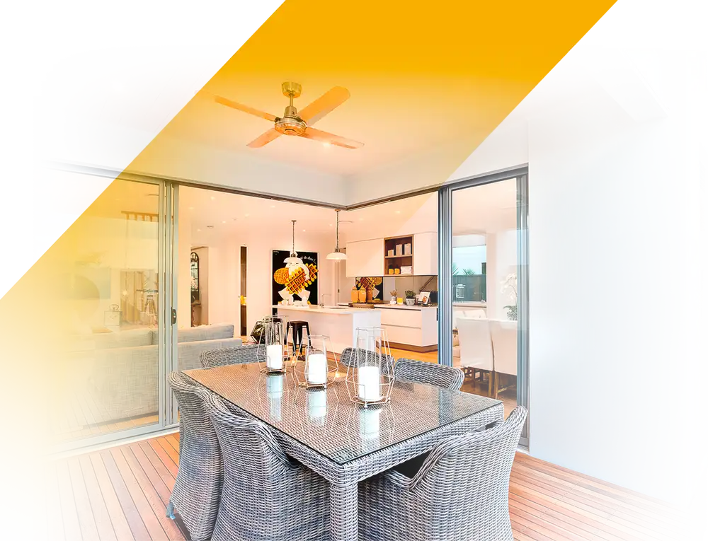 Ceiling fan installed in a bright home dining area for improved airflow and comfort