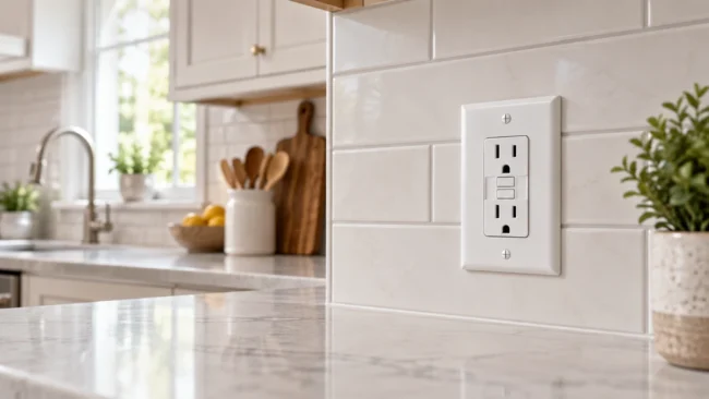 gfci-outlet-replacement-kitchen-charlotte White GFCI outlet installed on a kitchen backsplash in Charlotte