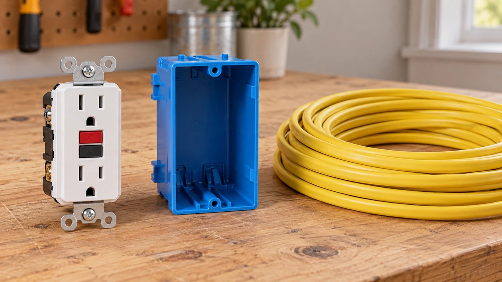 GFCI receptacle, electrical box, and cable prepared for a new outlet installation