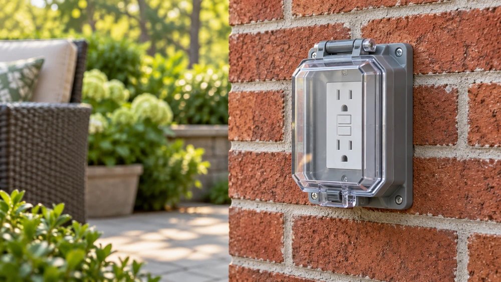 Outdoor GFCI outlet with protective cover installed on a brick exterior wall