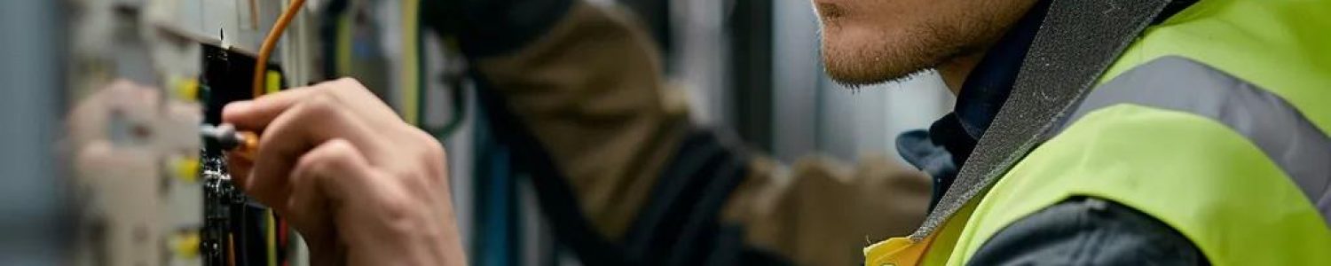 Electrician inspecting electrical panels in a commercial setting, highlighting emergency electrical services